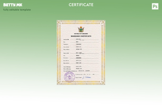 Модерен стил Зимбабве шаблон за PSD шаблон за потврда за брак